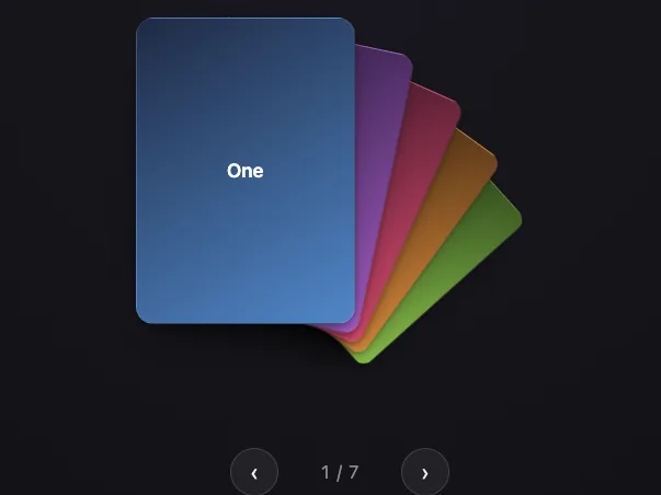 A preview of the custom-layout example: a blue front card labelled One with four more cards fanned out further to the right than the default layout, plus a 1 of 7 readout.