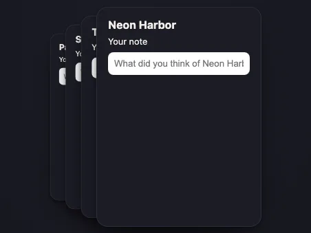 A preview of the react-recipes example: a stack of film cards, each with a title, a label and a text input, with Prev and Next buttons below.