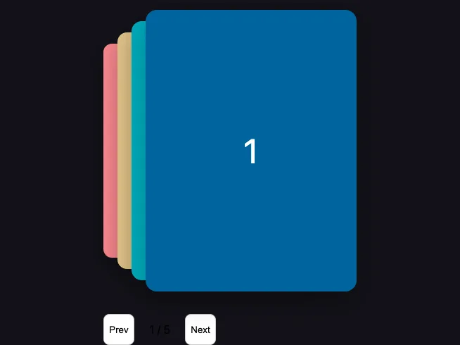 A preview of the vanilla-basic example: five color cards fanned behind a blue front card labelled 1, with Prev and Next buttons below.