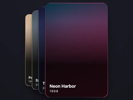 A preview of the vanilla-movie-stack example: a fanned stack of movie posters with Neon Harbor, 1998 on the front card.