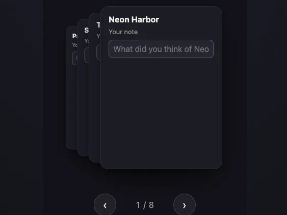A preview of the vanilla-recipes example: a stack of film cards, each with a title, a label and a text input, with Prev and Next buttons below.