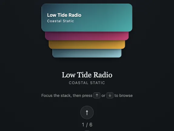 A preview of the vertical-stack example: a front card labelled Low Tide Radio with three more cards fanned downward beneath it, arrow-key hint text, and up and down controls.