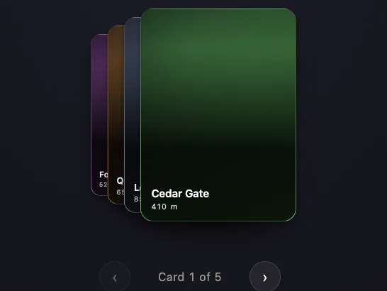 A preview of the vue-clamp-controls example: a stack of trail waypoint cards labelled with names and elevations, a Cedar Gate card in front, and a Card 1 of 5 readout.