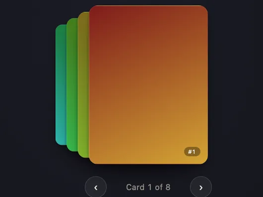 A preview of the vue-recipes example: numbered gradient cards in a stack, with Previous and Next controls and a Card 1 of 8 readout.